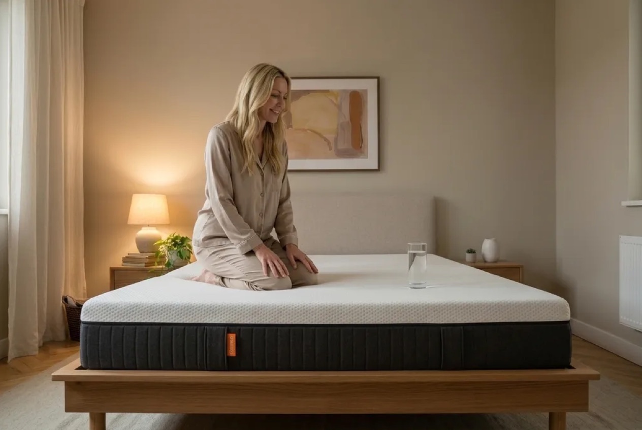 Motion isolation test on the Emma Original mattress — a full glass of water stays still while our tester kneels on the other side