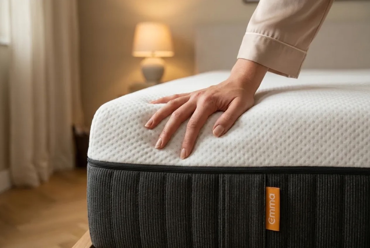 Hand pressure test on the Emma Original mattress showing the knit cover compressing during firmness testing