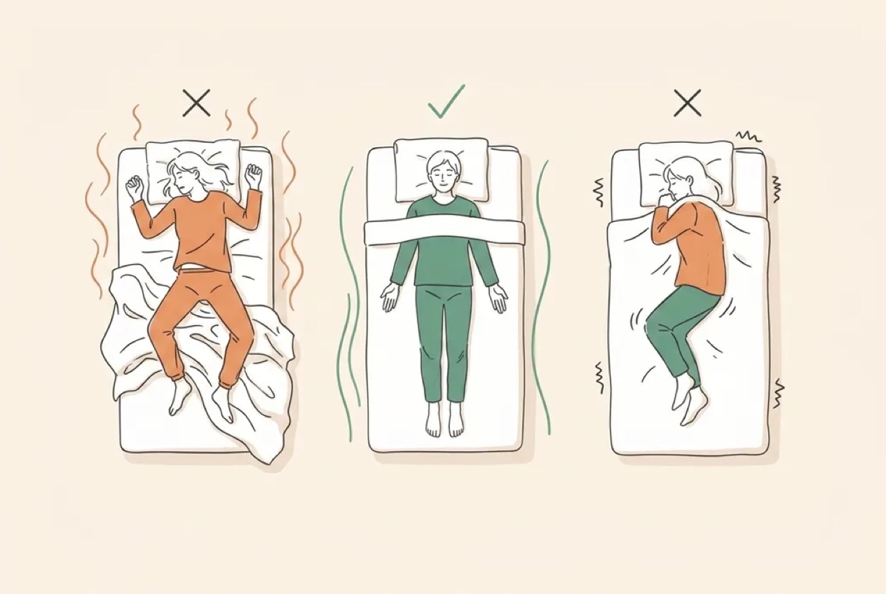Line-art illustration of three beds comparing sleep temperatures: a restless sleeper in a too-hot room with the duvet kicked off, a peaceful sleeper at the ideal cool temperature, and a shivering sleeper curled up in a too-cold room