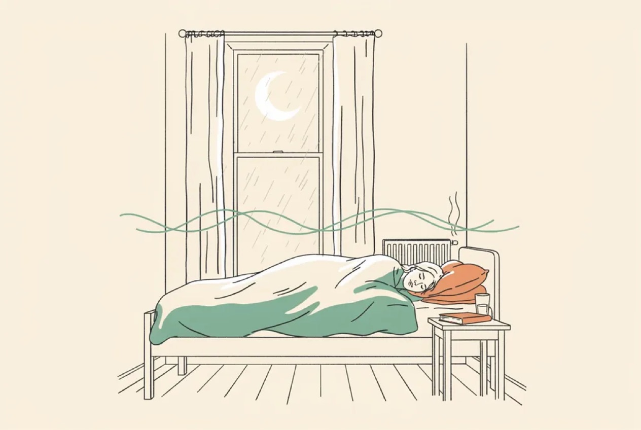 Line-art illustration of a person sleeping soundly under a duvet in an Irish bedroom at night, with the radiator off, rain streaking the window and cool air drifting through the room