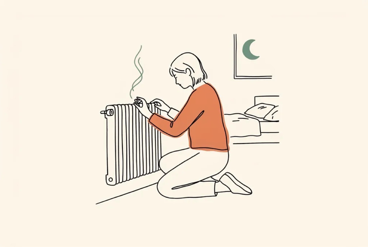 Line-art illustration of a woman kneeling beside a bedroom radiator at night, turning the thermostatic valve down to a low setting before sleep