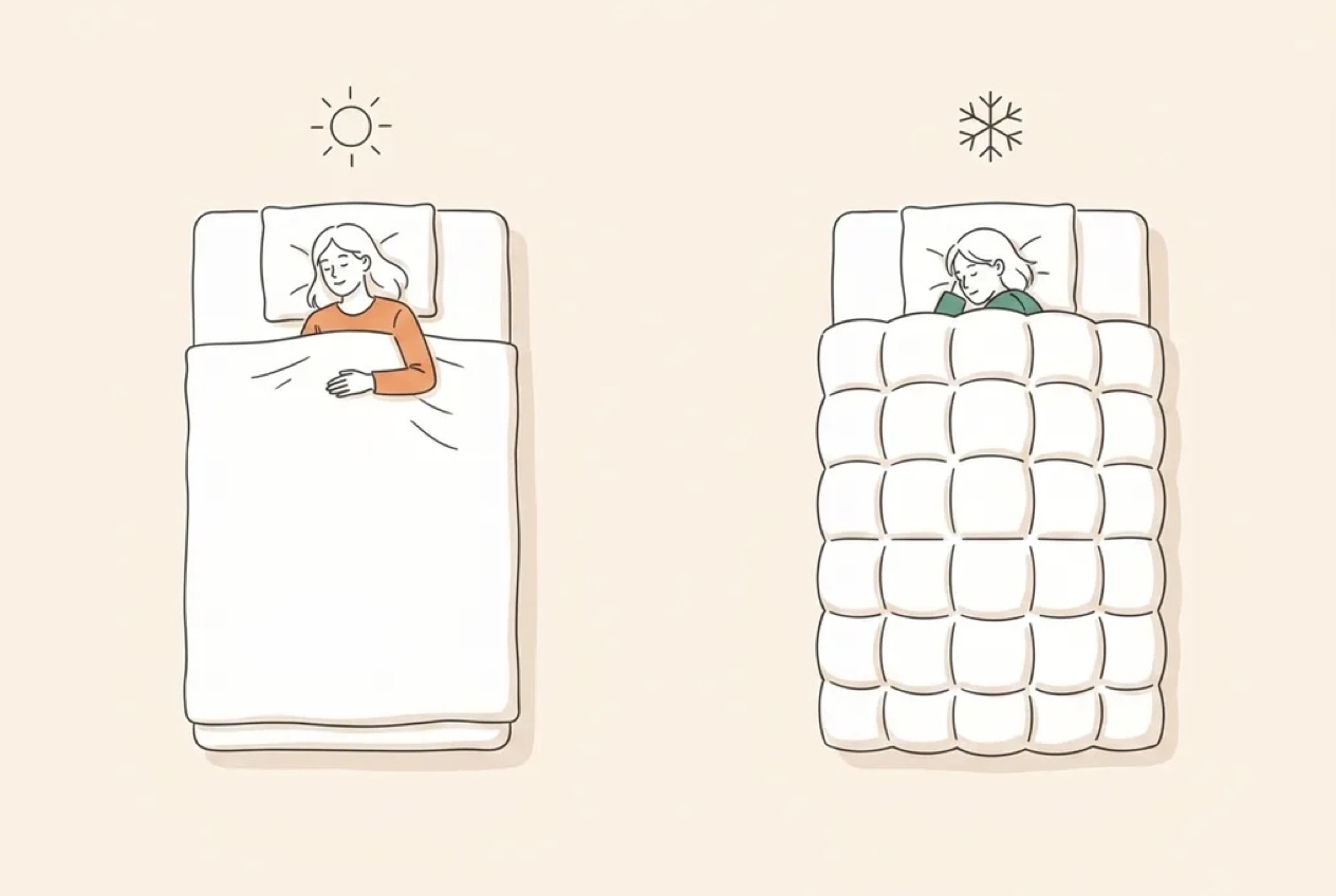Line-art illustration comparing a sleeper under a thin lightweight summer duvet beneath a sun symbol with a sleeper snuggled under a thick puffy winter duvet beneath a snowflake symbol